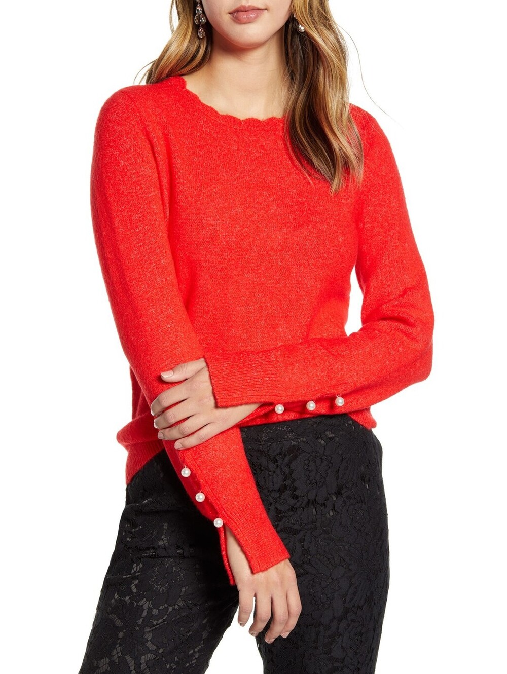 Women's Rachel Parcell Scalloped Crewneck Sweater, Size XX-Small - Red